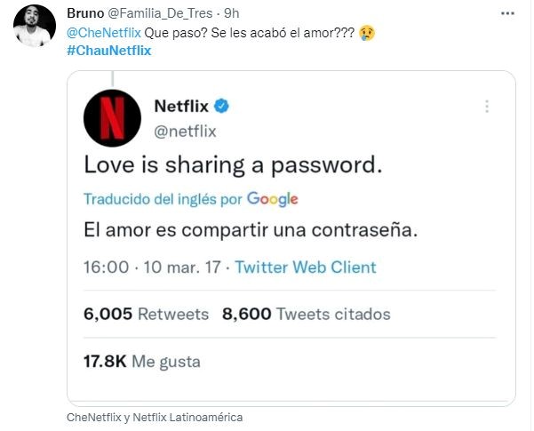 Twit sobre Netflix cuando cambiaron la política de compartir