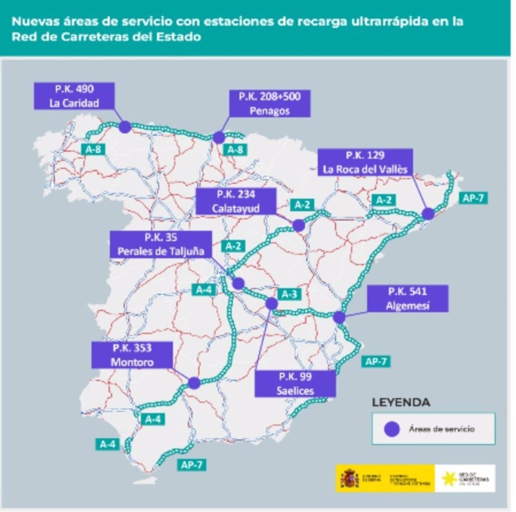Transportes instalará ocho estaciones de recarga eléctrica ultrarrápidas en áreas de servicio